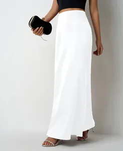 Elegant white satin maxi skirt with high-waist design and smooth texture