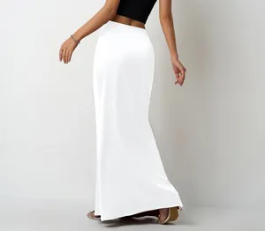 Back view of elegant white high-waisted satin maxi skirt for a chic summer look