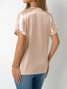 Elegant champagne satin short sleeve top for women with loose fit and silk-like finish