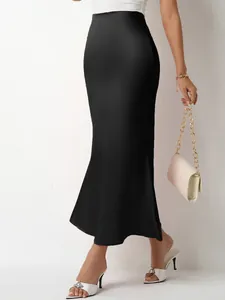 Elegant black satin mermaid midi skirt with a slim fit bodycon silhouette for stylish women