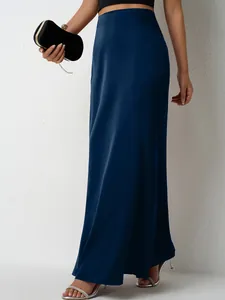 Elegant navy blue satin high-waisted maxi skirt with a smooth silky finish for women.