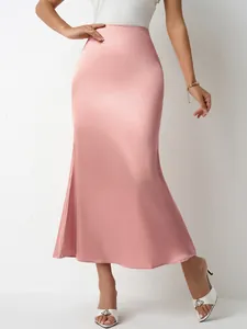 Elegant pink high waist satin mermaid midi skirt for women with smooth silky finish