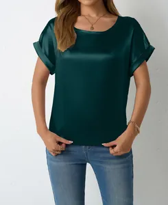 Camicetta in raso verde scuro da donna, maniche corte, top estivo elegante e chic