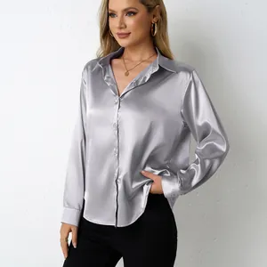 Elegant silver grey satin long sleeve button down blouse with V-neck for stylish women