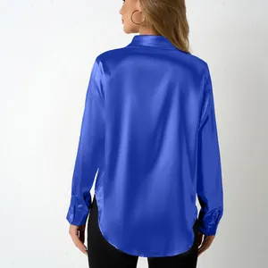 Back view of elegant royal blue satin long sleeve shirt for women featuring loose fit