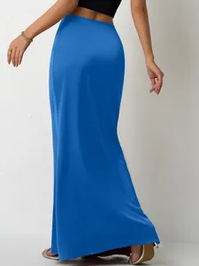 Elegant royal blue satin maxi skirt for women featuring a smooth and flowing texture
