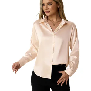 Elegant champagne satin button-down shirt for women with V-neck and a loose fit design