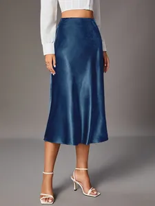 Elegant high-waisted blue satin midi skirt with a premium glossy silk-like finish