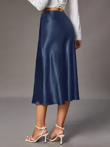 Back view of navy blue satin midi skirt with high-end silk-like texture for women.