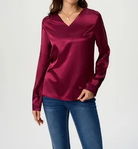 Elegant women's long-sleeve burgundy satin blouse with V-neck detail and silky finish
