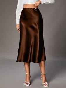Elegant chocolate brown satin midi skirt with smooth silk-like texture and high-waisted fit.
