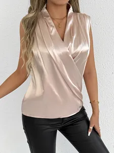 Elegant champagne satin sleeveless blouse featuring a sophisticated draped V-neckline detail