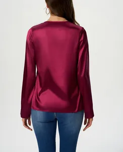 Back view of a long-sleeved burgundy satin faux silk blouse for women