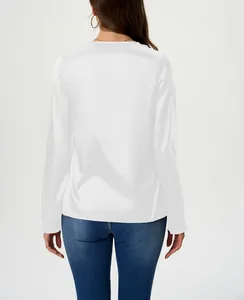 Back view detail of elegant white satin long sleeve blouse showing fabric sheen