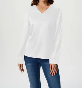 Elegant women's white long-sleeve satin shirt featuring a V-neck and silky texture