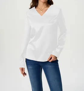 Elegant white satin long-sleeved V-neck blouse for professional and casual wear
