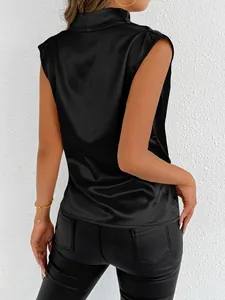 Detailed back view of an elegant black satin sleeveless shirt featuring a high neck design