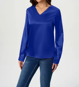 Elegant royal blue long sleeve satin blouse with V-neck for classic women's office wear