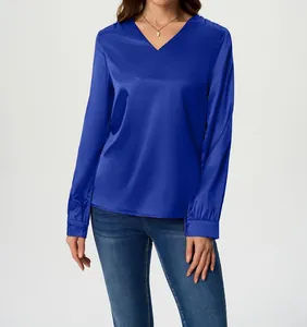 Elegant royal blue long-sleeve satin blouse with V-neck and silk-like texture for women.