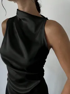 Elegant black sleeveless satin blouse with draped high neck design for women detail view