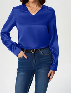 Elegant royal blue satin long-sleeved V-neck blouse featuring a smooth silky texture