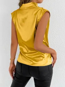 Back view detail of an elegant gold satin sleeveless top with a high stand collar.