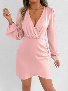 Elegant pink satin V-neck mini dress with long puff sleeves and wrap skirt detail.