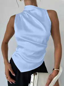 Close-up of light blue sleeveless satin blouse with elegant silk-like texture