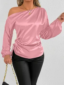 Detailed view of women pink satin one-shoulder long sleeve blouse with side drawstring