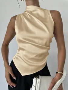 Elegant champagne satin sleeveless top with an asymmetrical draped cowl neck design