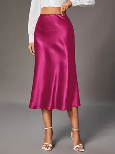 Elegant magenta satin midi skirt with high waist and lustrous finish for women