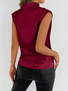 Elegant burgundy sleeveless satin blouse with mock neck shown from the back for detail