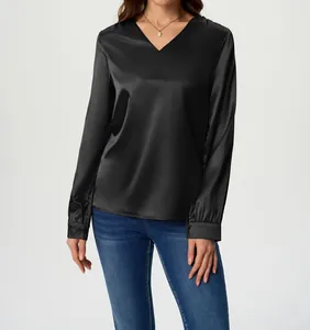 Elegant black long-sleeved satin blouse for women featuring a V-neck and smooth silk texture