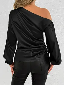 Detailed back view of a sophisticated black satin one-shoulder long sleeve blouse for women