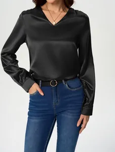 Elegant black long-sleeved satin blouse with V-neck for a professional and chic look.