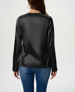 Elegant back view of a black long-sleeved satin blouse for women featuring a silky texture