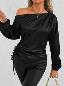 Elegant black satin long-sleeve blouse with asymmetrical one-shoulder and side drawstring.