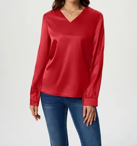 Elegant red satin long-sleeved blouse with V-neckline for women's office or casual wear