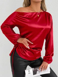 Elegant red satin long sleeve shirt with asymmetrical off-shoulder design detail.