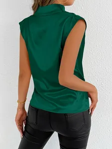 Back view of an elegant dark green sleeveless satin blouse with high-neck collar for women.
