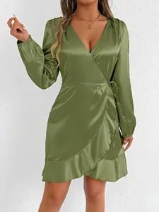 Elegant olive green satin long sleeve wrap dress featuring a V-neck and ruffle hem detail