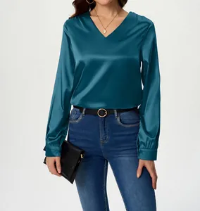 Elegant teal V-neck long sleeve satin blouse for women featuring a silky luster texture