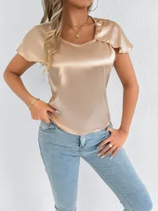 Elegant champagne gold satin short sleeve top with flutter sleeves and silk-like finish