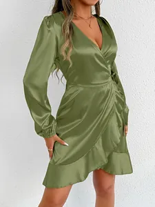 Elegant olive green satin long-sleeve wrap dress with deep V-neck and ruffle detail