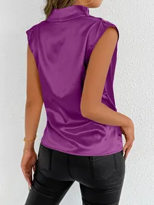 Back view of elegant purple satin sleeveless blouse featuring a chic mock neck design