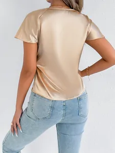Detailed back view of champagne satin short sleeve top for women with silky texture