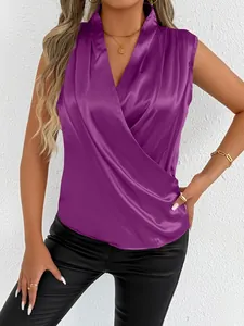 Elegant purple satin sleeveless wrap blouse with V-neckline detail for stylish women