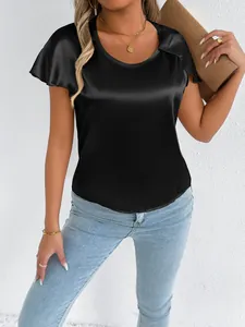 Elegant black satin short sleeve blouse with flutter sleeves shown on a model.