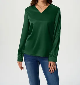 Elegant long-sleeved dark green satin blouse for women featuring a V-neckline design