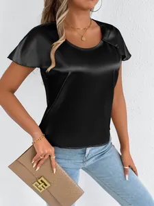 Elegant black satin short sleeve blouse for women with a smooth silk-like finish
